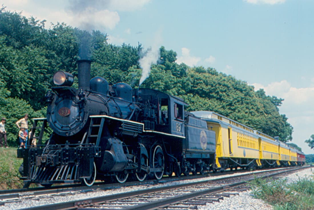 Strasburg Rail Road steam locomotive 89 pulling an excursion train through Lancaster County farmland