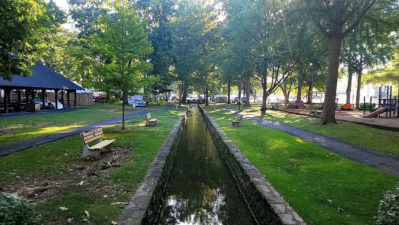 Daytime view of Lititz Spring Park in Lititz, Pennsylvania, photographed July 30, 2022